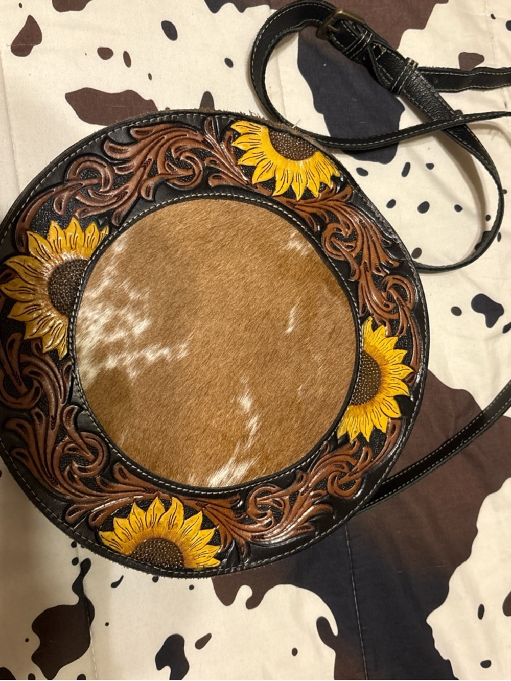Myra Genuine Leather Round Sunflower Tooled Leather & Hair-on Cowhide Crossbody